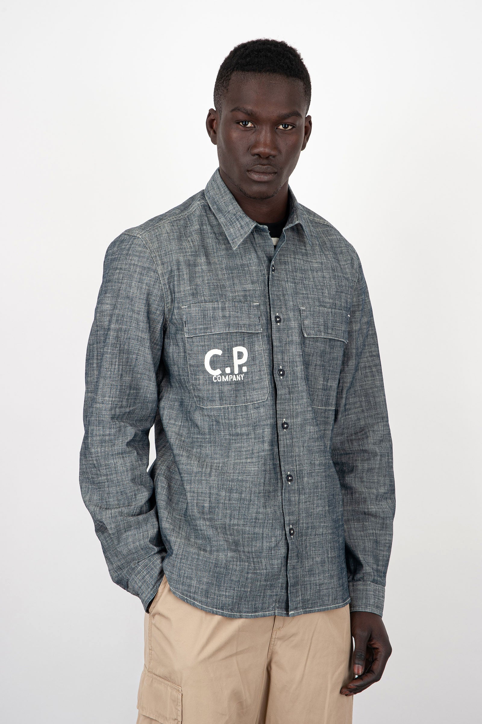 C.P. Company Camicia Logo Chambray in Cotone Blu - 1